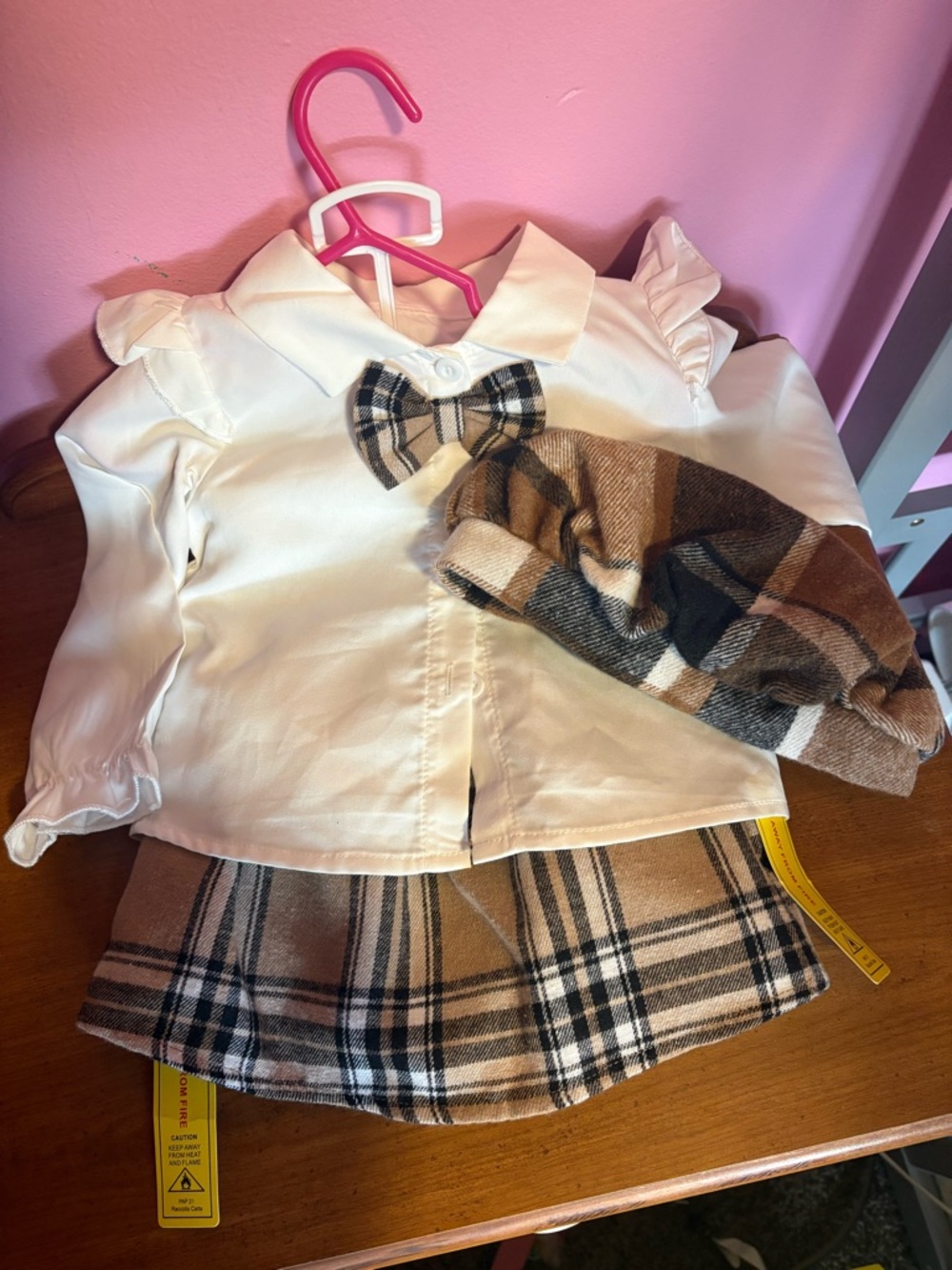 SHEIN White Blouse with Tan Plaid Skirt & Beret Set